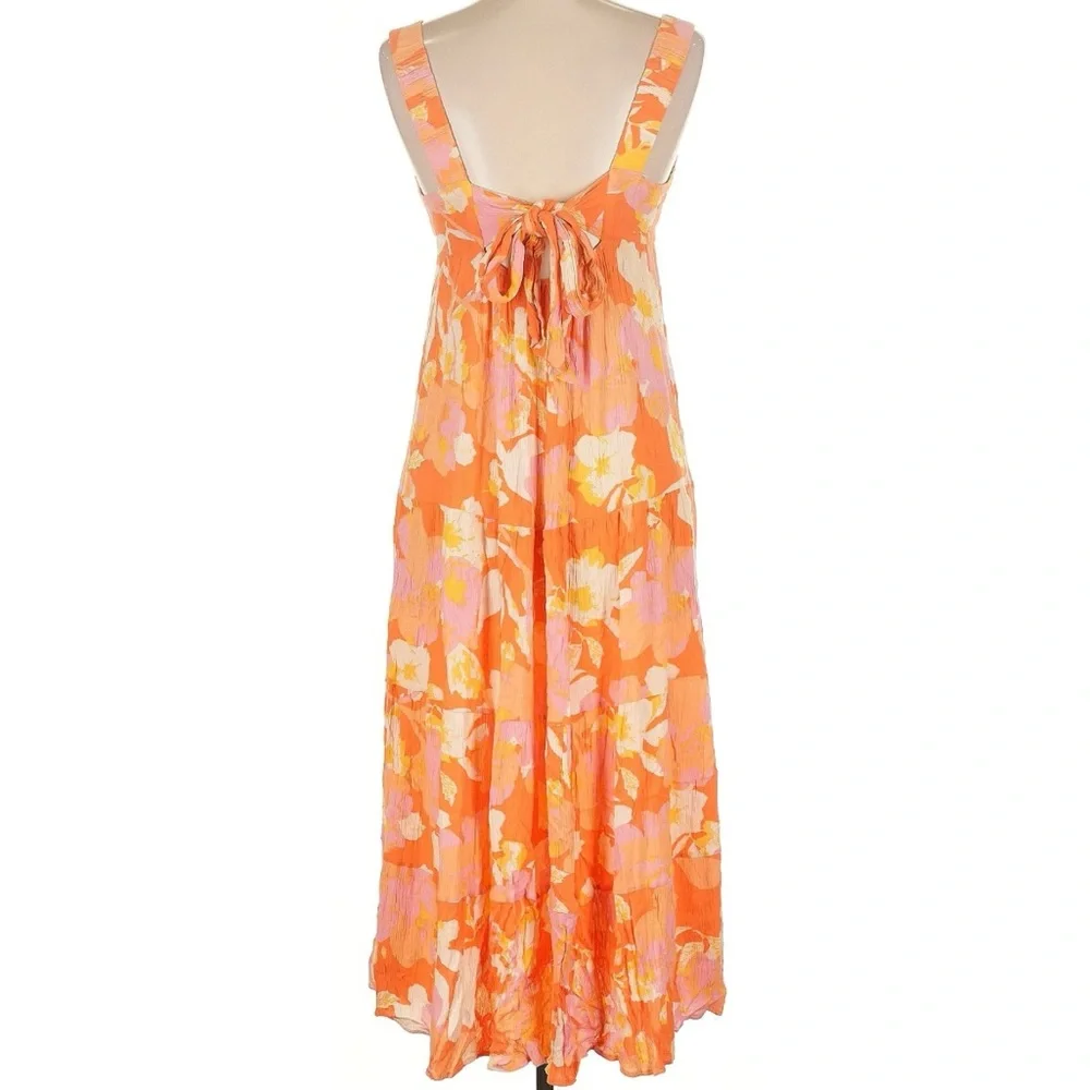 Floral Tropical Orange, Pink and Yellow V-Neck Midi Calf-Length Dress